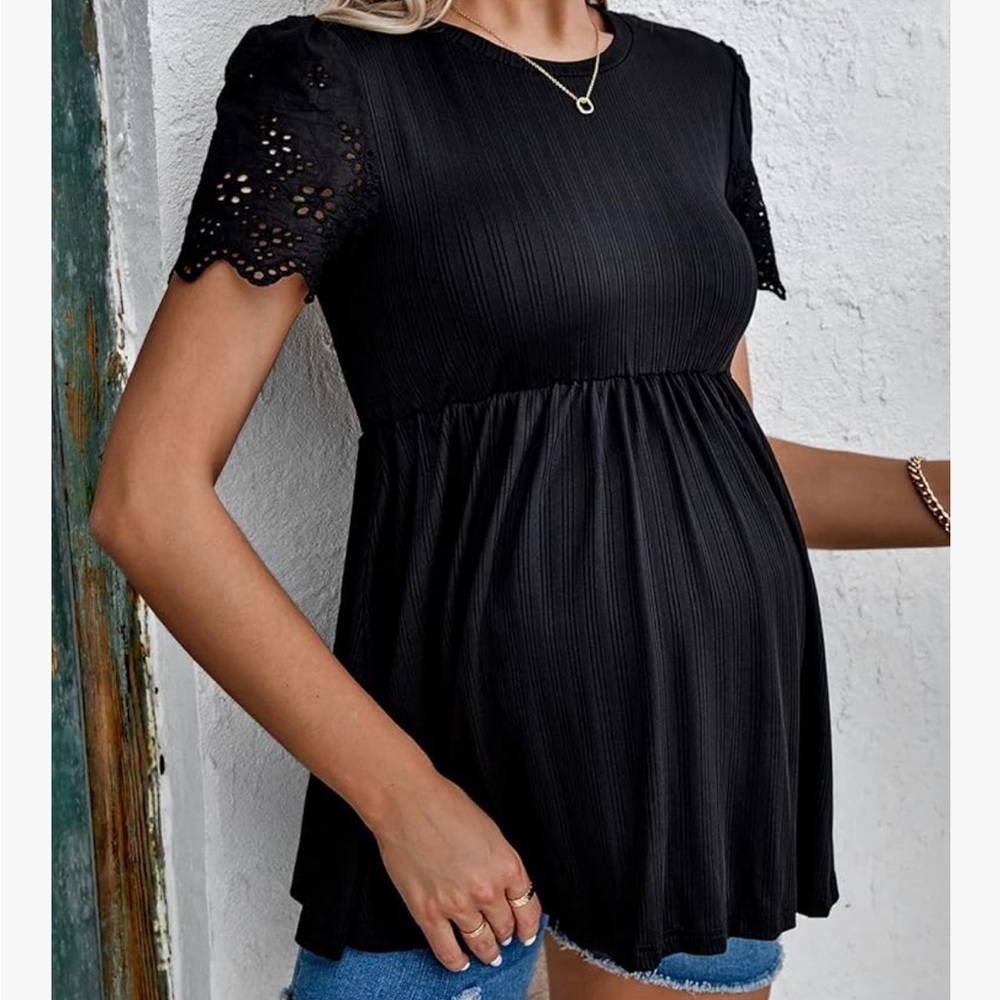 Women's Black Eyelet Sleeve Maternity Top